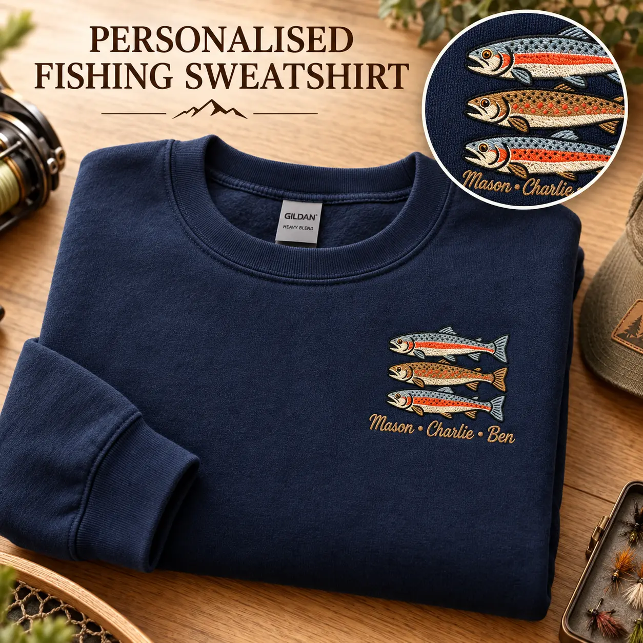 Personalised navy fishing sweatshirt with embroidered fish and custom names