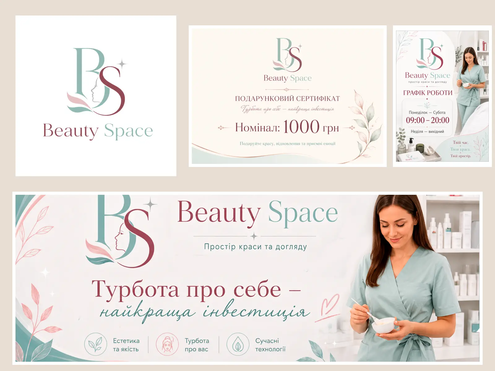 Beauty Space complete brand identity with logo, gift voucher, Facebook cover and branded social media design